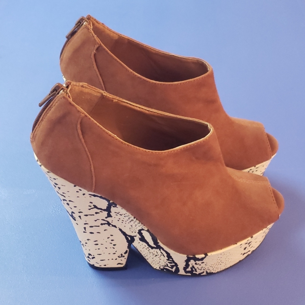Brown Faux Suede Snake Platform Heels